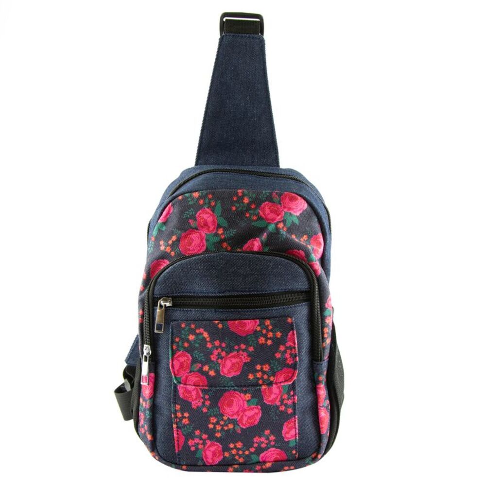 Gold Coast Sling Bag with RFID Technology in Blue Denim with Pink Floral
